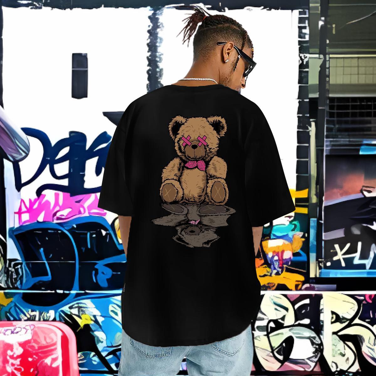 Fashion New T shirt 230g Pure Cotton bear Anime Printing Street Tees Crew Neck Breathable Cool Design Men Tshirts Oversized 4XL