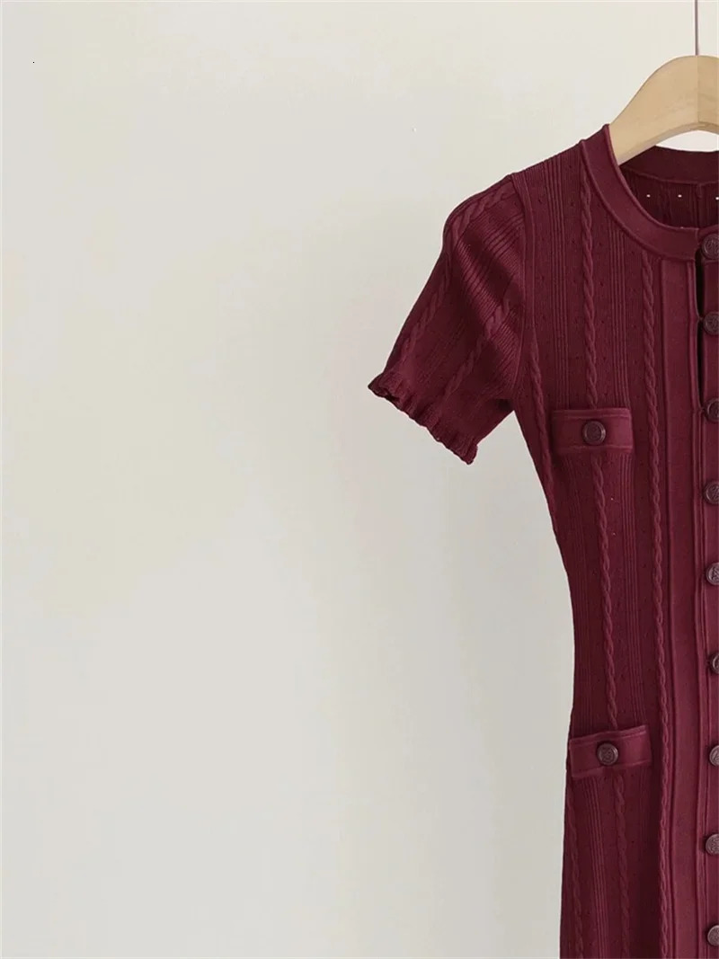 Women O-Neck White Knit Thread Mid-Length Dress Summer Elegant Lady Ruffled Sleeve Single Breasted Slim Long Robe 240806