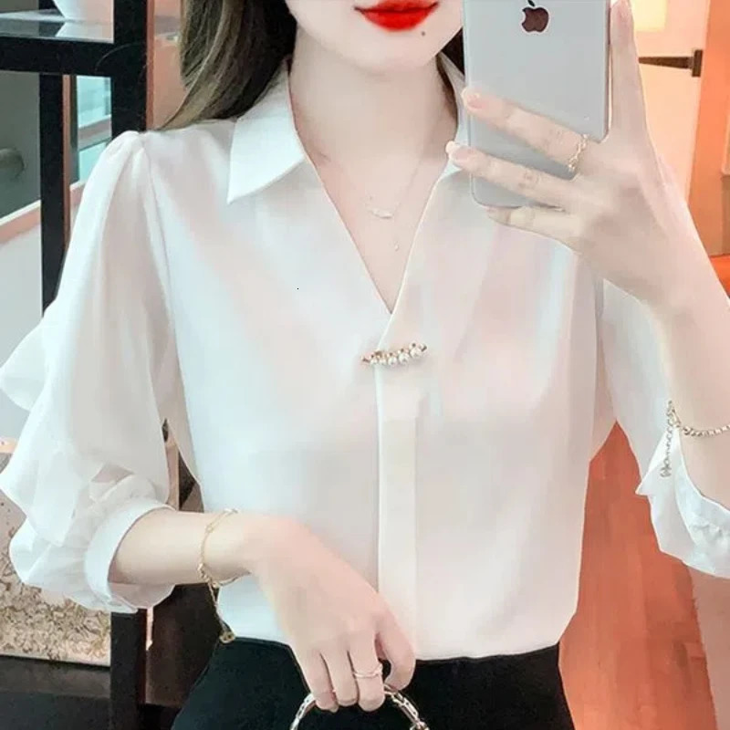 Womens Solid Color Rivet Lantern Long Sleeve Chiffon White Cardigan Shirt Formal Spring Summer Clothing Turn-down Collar Tops 240806