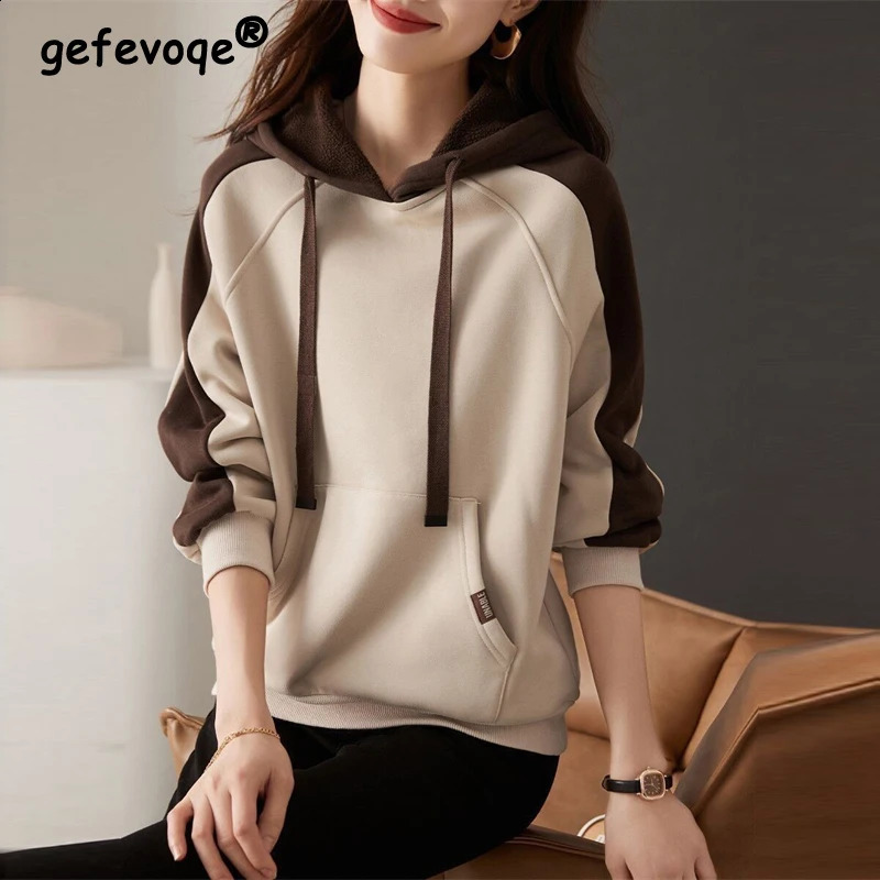 Women Korean Patchwork Fleece Hooded Sweatshirts Autumn Winter Casual Long Sleeve Pullover Tops Female Vintage Oversized Hoodies 240805