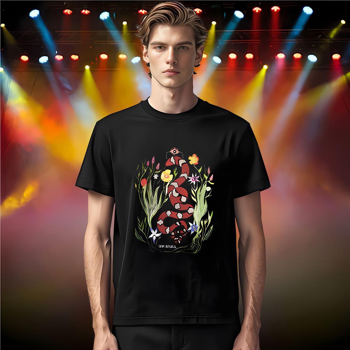 2024 New T-Shirts 100% Cotton 230g snake High Street Hip Hop Tees Shirts Breathable Cool Men Tshirts Floral Print