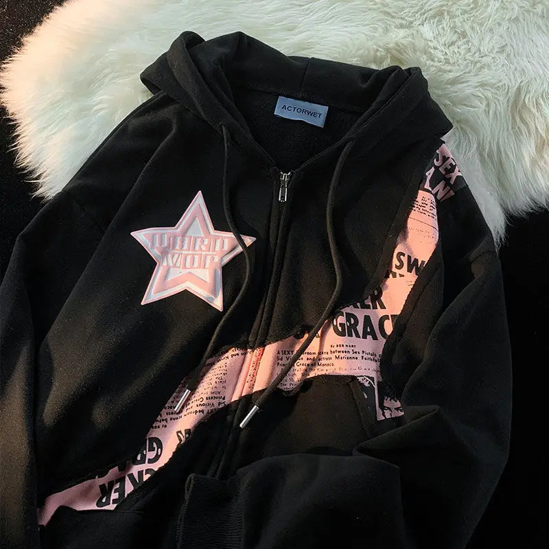 Letter Print Sweatshirts Gothic Streetwear Vintage Loose Patchwork Tops Coats Zip Up Hoodies Women Harajuku Hip Hop Top 240806