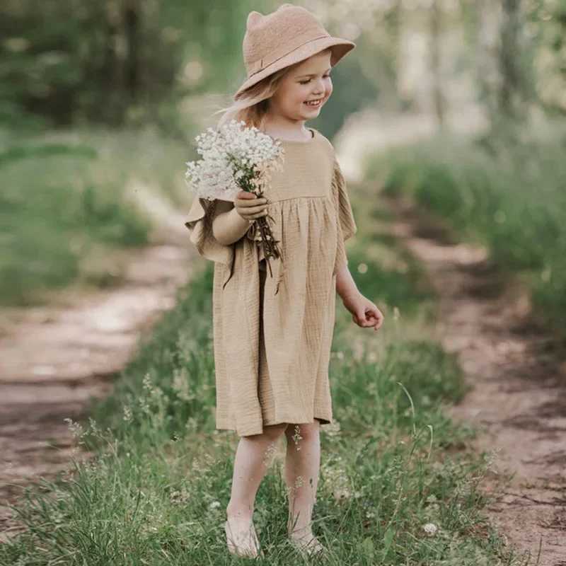 Summer girls dress flying sleeve cotton dress casual pleated dress solid color dress baby dress summer princess cute dressW240720