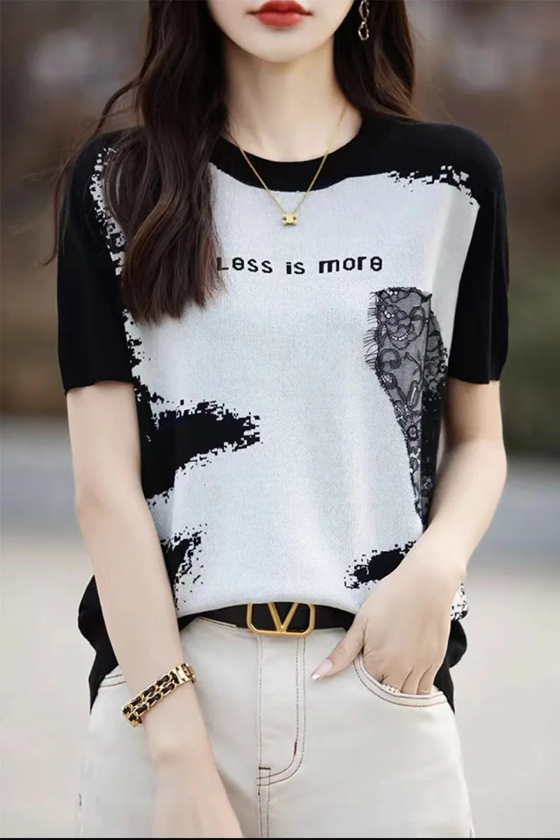 Summer High Quality Ice Silk Contrast Ink Painting Jacquard Fashion Western Knitted Short sleeved Womens T-shirt Bottom Top 240806
