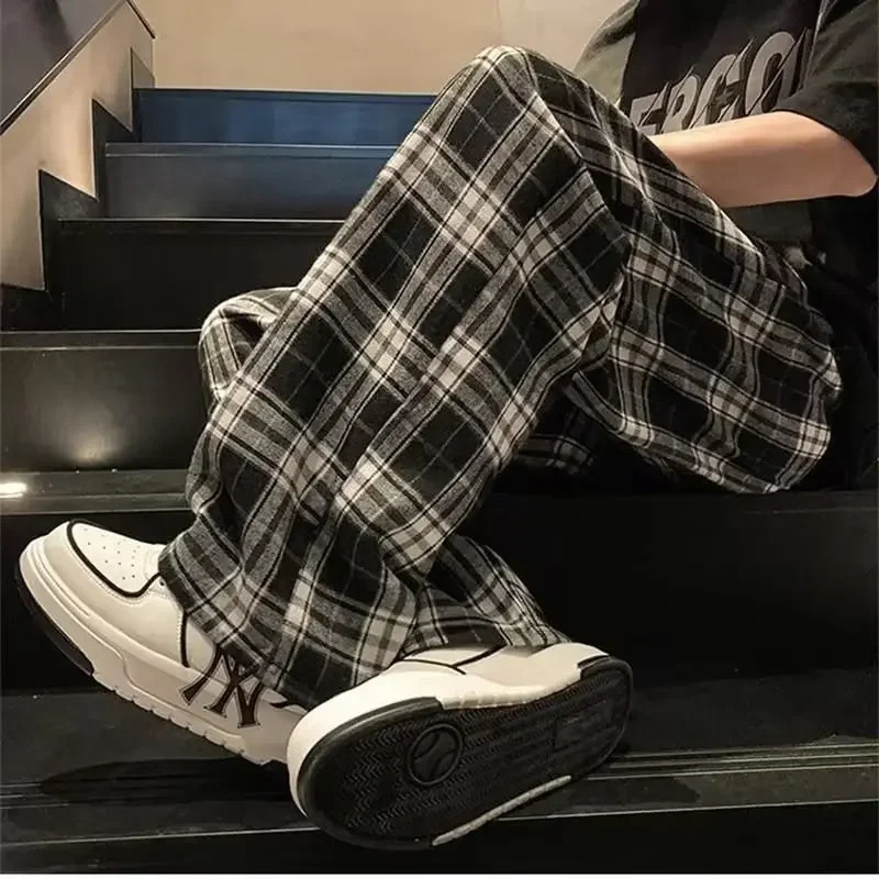 Casual Plaid Mens Pants Japanese Style Vintage Loose Fit Trendy Sports Wide Leg Dragging For Summer 240806