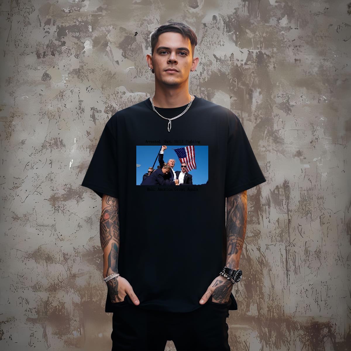 Classic Men Tees 230g Pure Cotton Arrested. Shot. Still fighting Man T Shirts Hip Hop Crew Neck Anime Print Stylist Tees Shirts