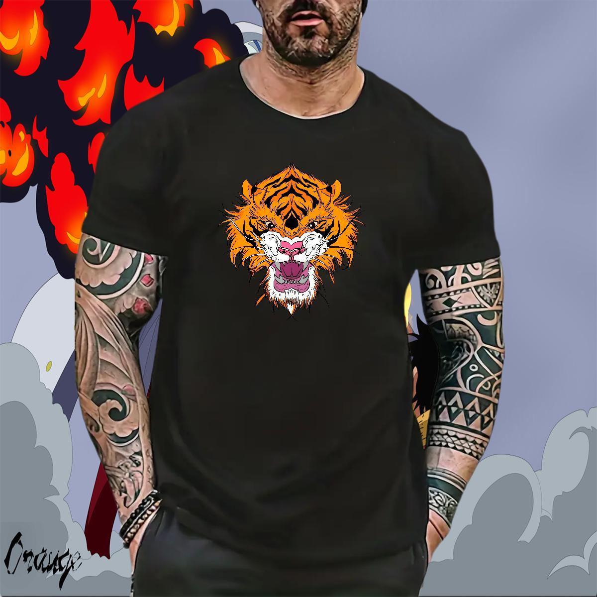 TOP Quality Tshirts 230g Pure Cotton Beach tiger Cartoon Printing L-4XL O Neck Short Sleeves Designer Mens T Shirts Clothes