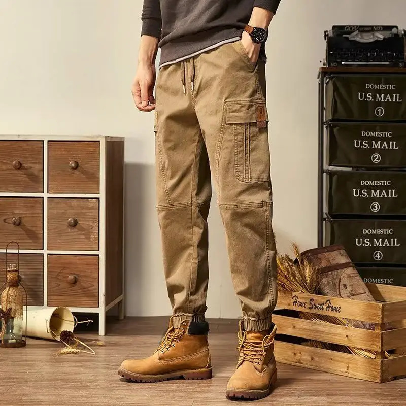 Fashion Solid Color Multiple Pockets Mens Cargo Pants Highquality Loose Streetwear Casual Straight Cylinder Ninth 240806