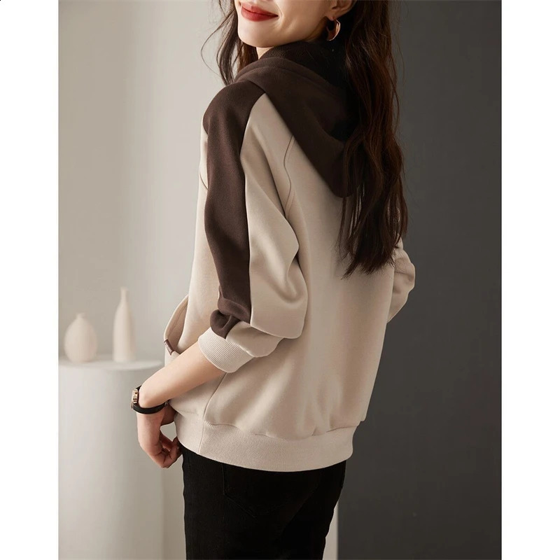 Women Korean Patchwork Fleece Hooded Sweatshirts Autumn Winter Casual Long Sleeve Pullover Tops Female Vintage Oversized Hoodies 240805