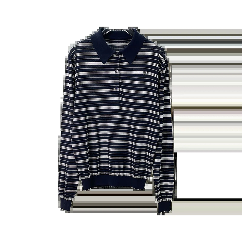 Contrast striped jacquard knitted polo shirt with letter micro label long sleeved T-shirt top 240827