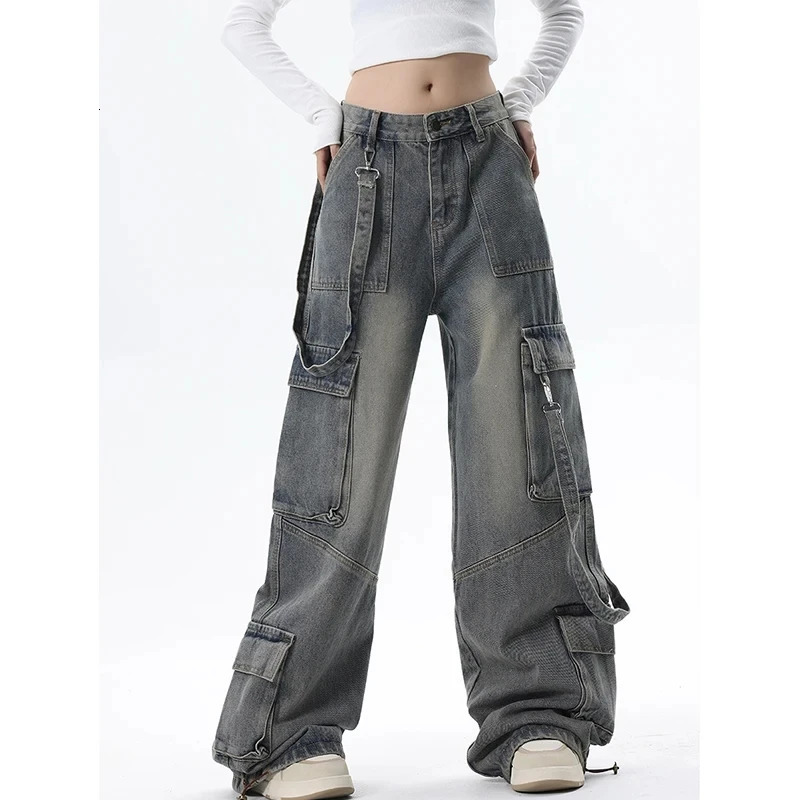 Women Vintage Blue Gothic Cargo Jeans Y2k Wide Leg Denim Pants Oversize 2000s High Waist Jeans Korean Baggy Trousers 90s Jeans 240806