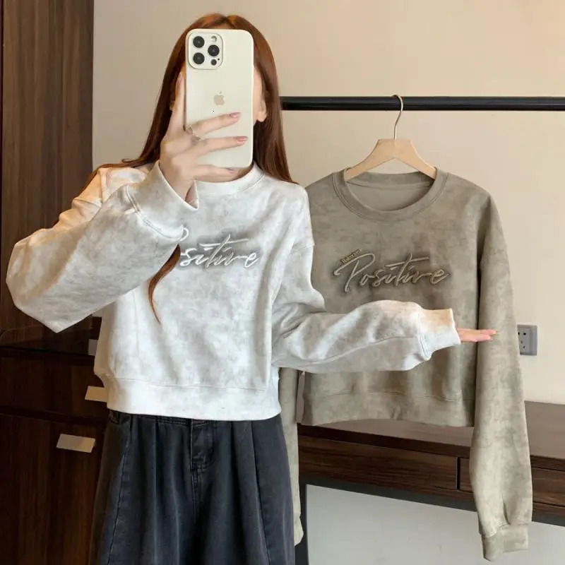 Womens Autumn Winter Fashion Elegant Round Neck Tie Dyed Casual Versatile Long sleeved Loose Velvet Thickened Sweatshirts 240806