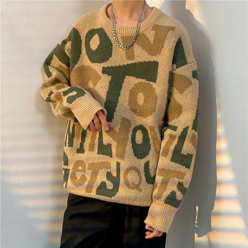 Winter Fashion Trend Contrast Color Round Neck Letter Loose and Versatile Ruffle Handsome Knitted Long Sleeve Mens Sweater 240729