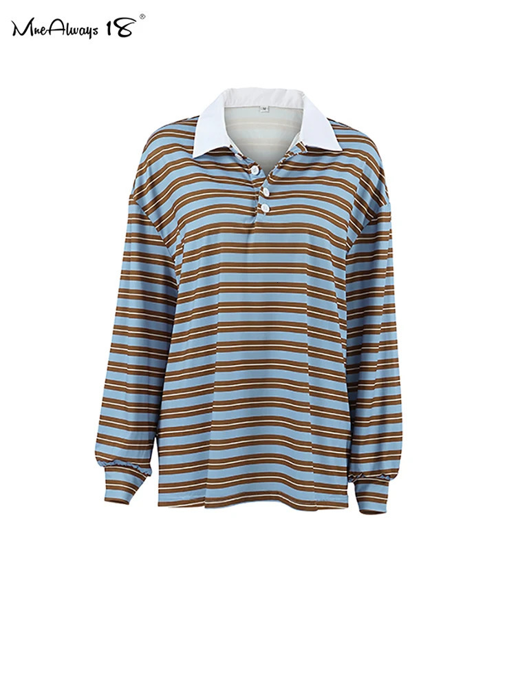 Mnealways18 Stripe Polo Collar Streak Sweater T-Shirts Street Style Fashion Women Long Sleeves Pullover Tops Autumn Ladies 240806