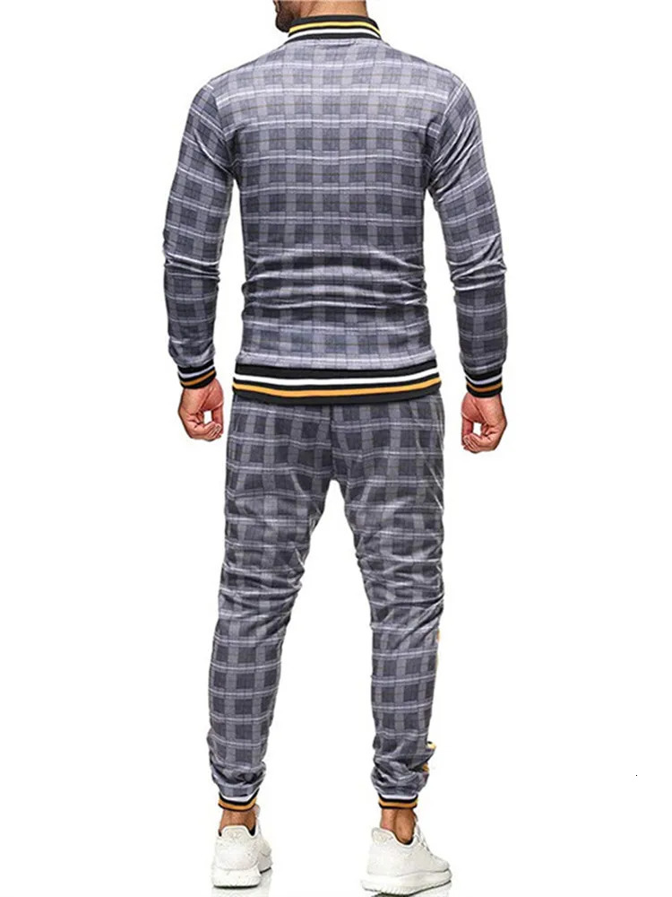 American Mens suits autumn leisure fiess sportswear long-sleeved zip-up large-size grid clothing 240806