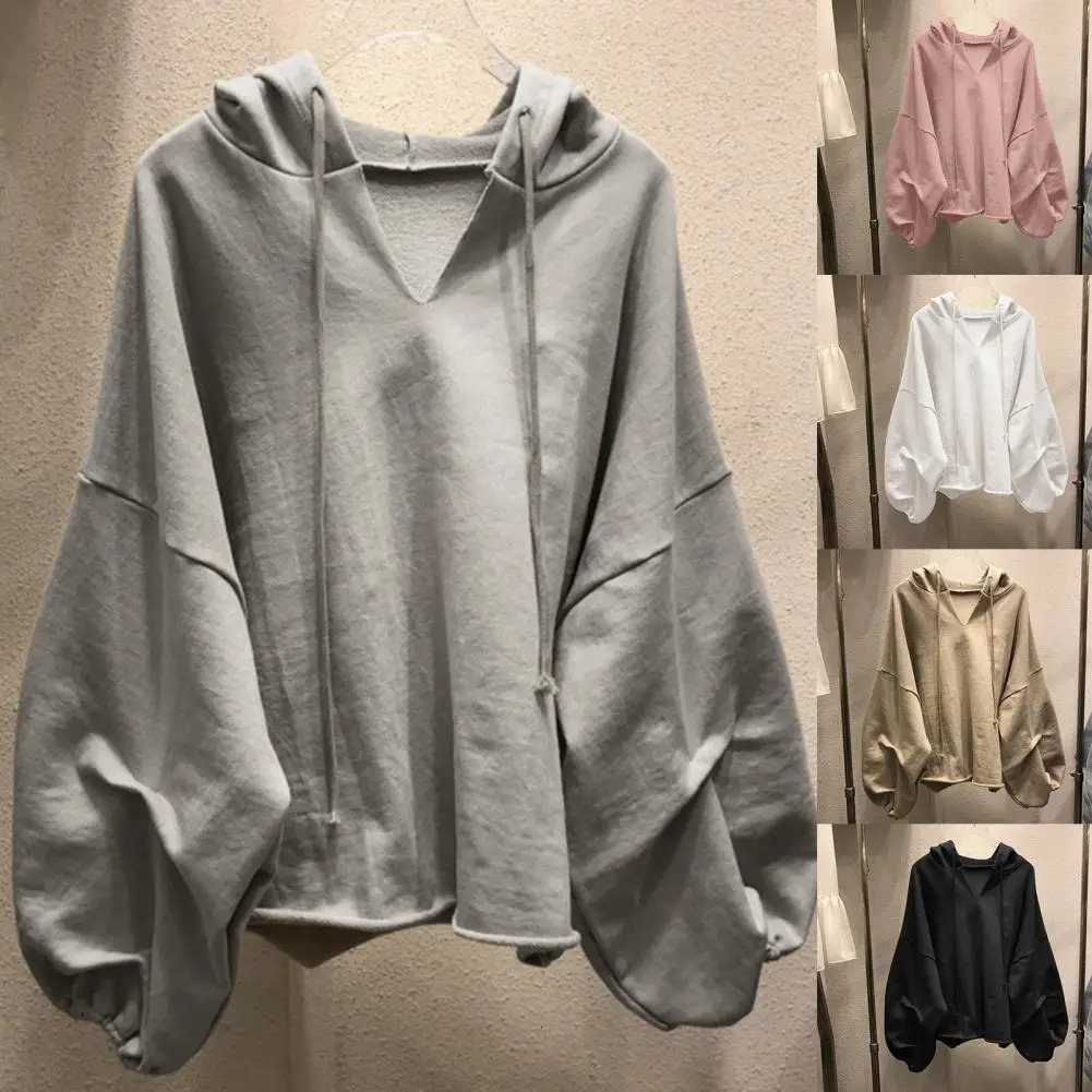 Women Hoodies Sweatshirt Solid Color Drawstring Pullover Hoodie Autumn Batwing Sleeve V-Neck Women Sweatshirt Loose Jumper 240806