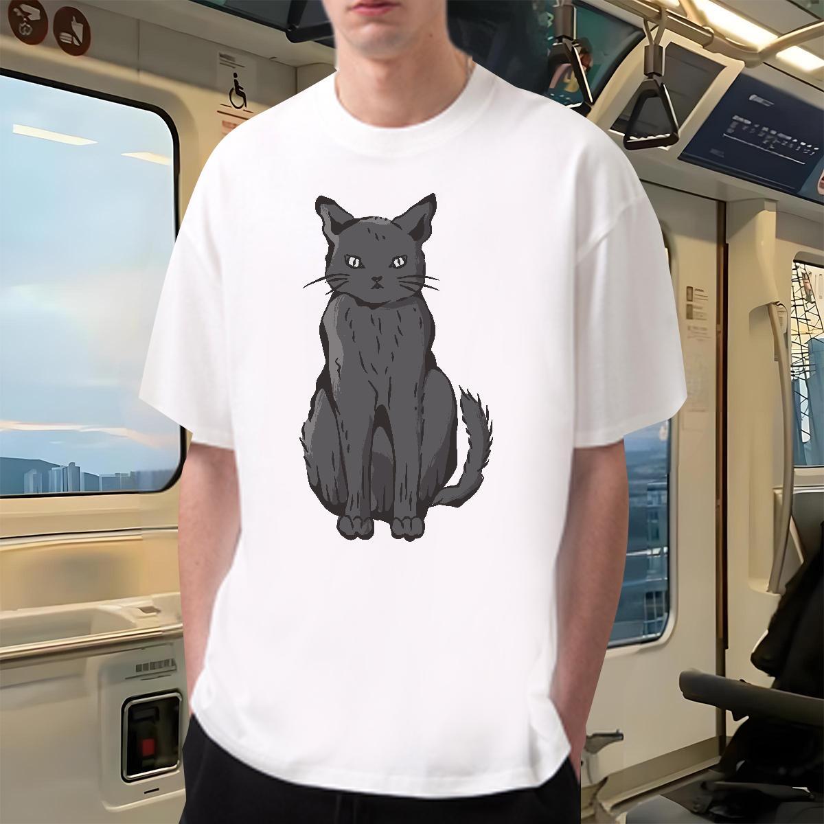 Fashion New T-Shirts 230g Pure Cotton cat Street Casual Tops Tees Breathable Loose Fit Men Tops Tees Cartoon Printing L-4XL