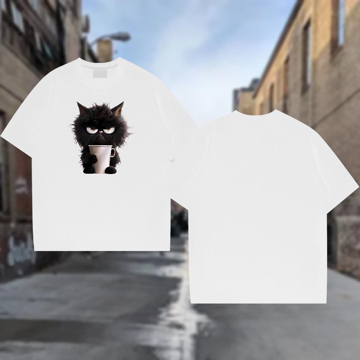 T shirt 230g Cotton cat Daily Wear Breathable Crew Neck Black Oversized Men Tops Tees 2024 Summer Wholesale Clothes
