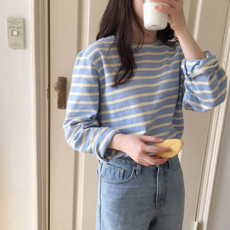 Spring Autumn Women Loose Harajuku Stripe T Shirt Long Sleeve Basic O-Neck T-Shirts Casual Female Shirt Versatile Tops 240806