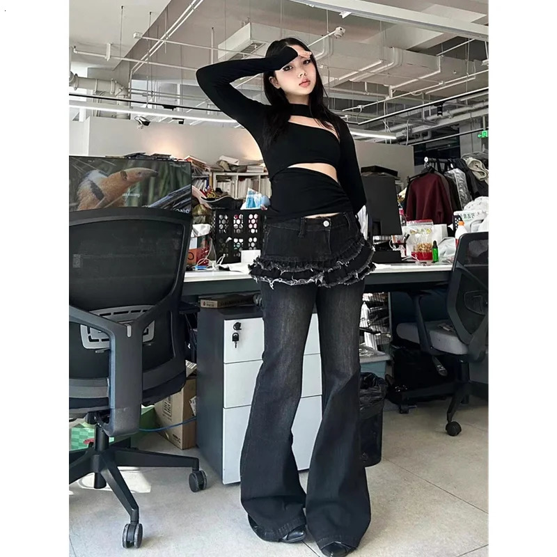 Womens Black Gothic Jeans Vintage Zippers Cowboy Pants Harajuku Baggy Punk Denim Trousers Y2k Oversize Trashy 2000s Emo Clothes 240806