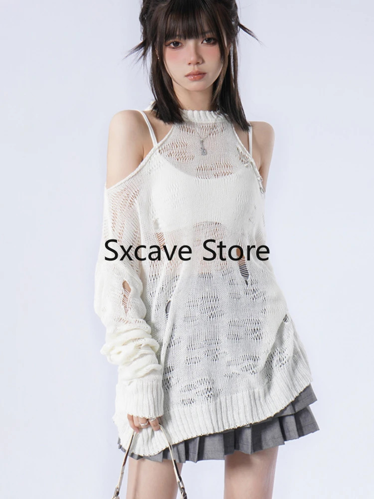Black Loose Women Sweaters Y2k Clothing Aesthetic Hollow Out Thin Pullovers Summer Long Sleeve Fashion Kniited Tops Sexy 240806