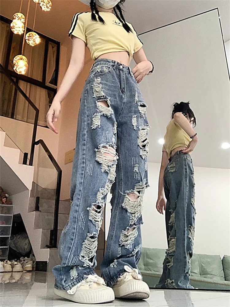 Womens Distressed Straight Jeans Summer Cool Girl Street Style Fashion Pant Female High Waist Multiple Holes Denim Trousers 240806