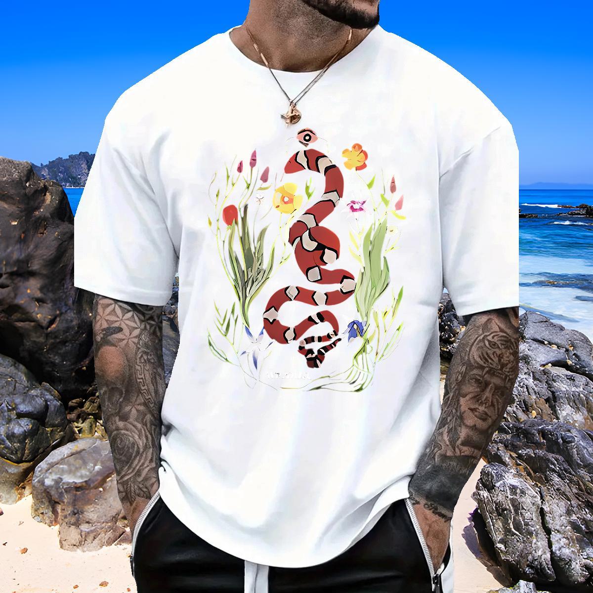Brand Men Tees 100% Cotton 230g snake T-Shirts Beach Breathable Short Sleeve Cartoon Printing L-4XL New Clothes
