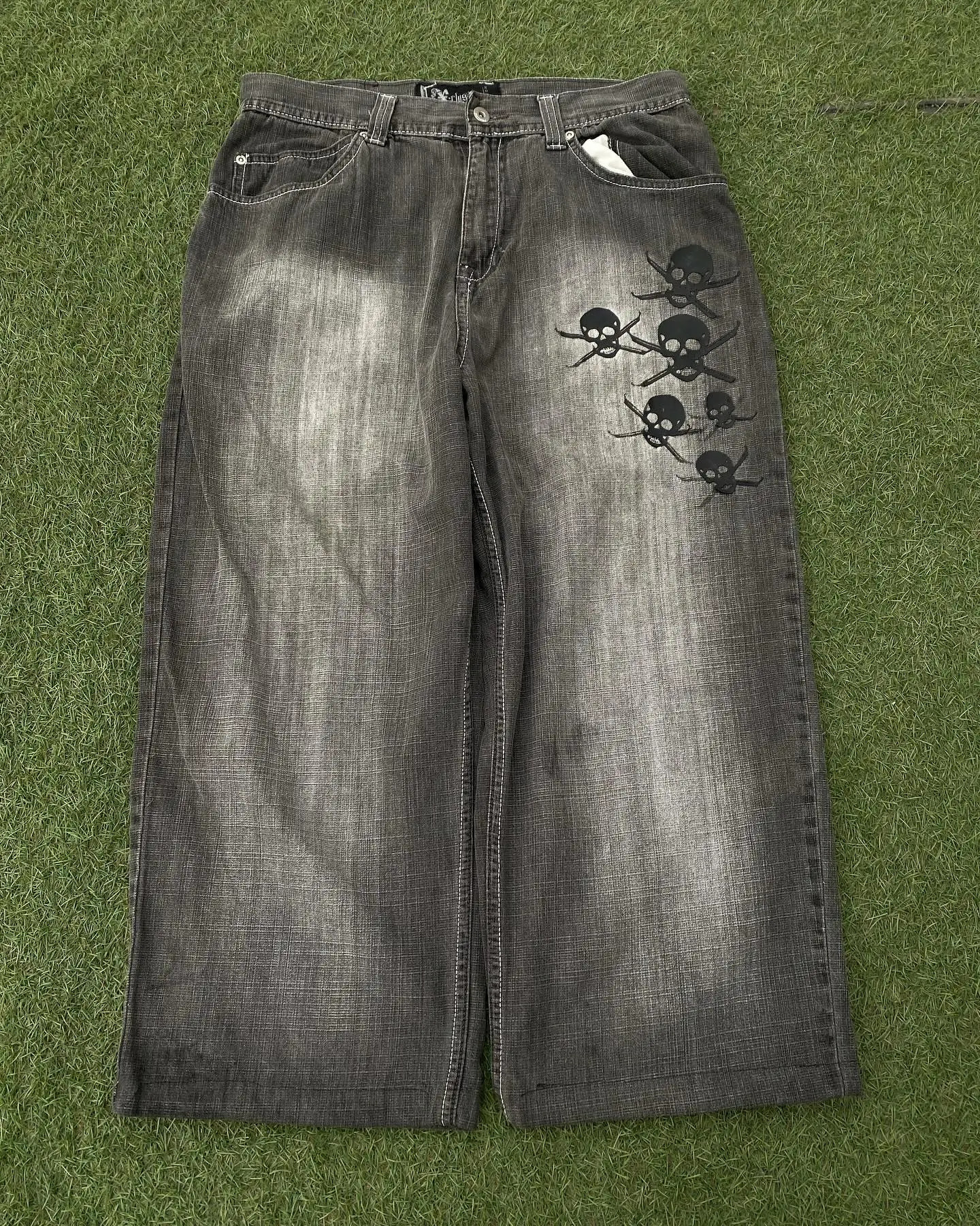 American Fashion Skull Print Washed Jeans Women Y2K Street Hip Hop Retro Loose Mopping Wide Leg Pants Unisex Joker Trousers 240806