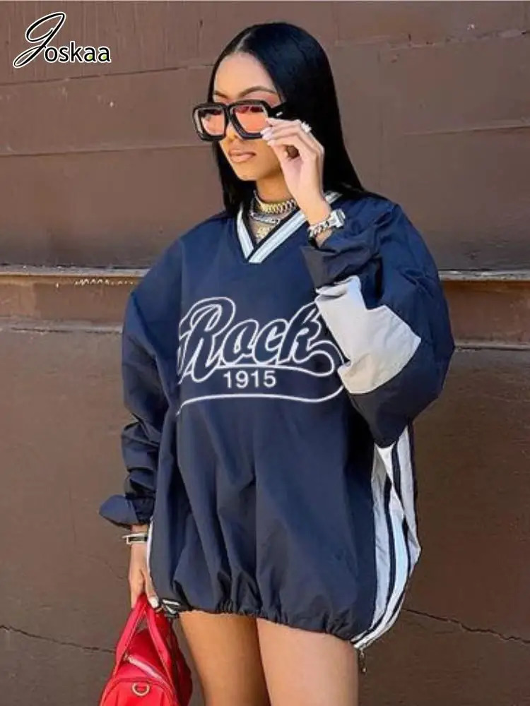 Joskaa Letter Print Oversized Sweatshirt Women Casual VNeck Long Sleeve Drawstring Loose Tops Spring Harajuku Streetwear 240806