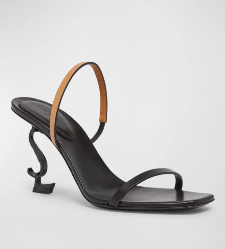 Designer Women sandal high heels Opyum gold metal-Heel Slide Sandals black opyum slinback heeed calfskin leathers square open toe 35-43Box