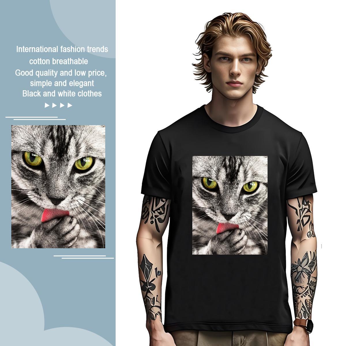 T-Shirts for Men 230g Pure Cotton cat Outdoor Crew Neck Breathable Anime Print Tshirts Customized Free Shipping Tee Shirt
