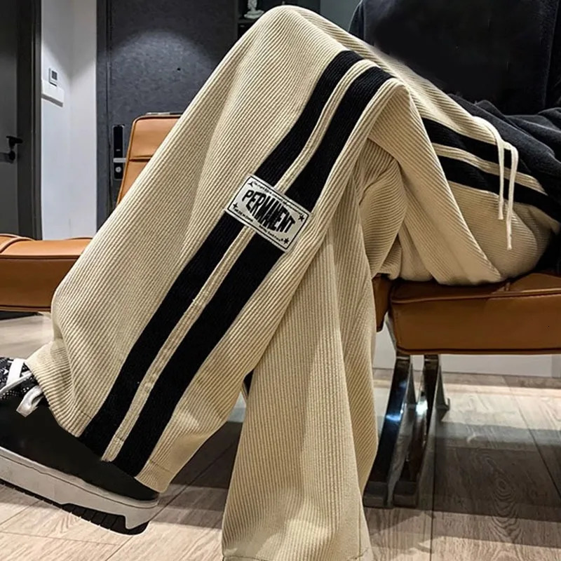 Side Striped Corduroy WideLeg Pant Men Korean Fashion Hip Hop Cargo Loose Casual Straight Sports Outdoor Running 240806