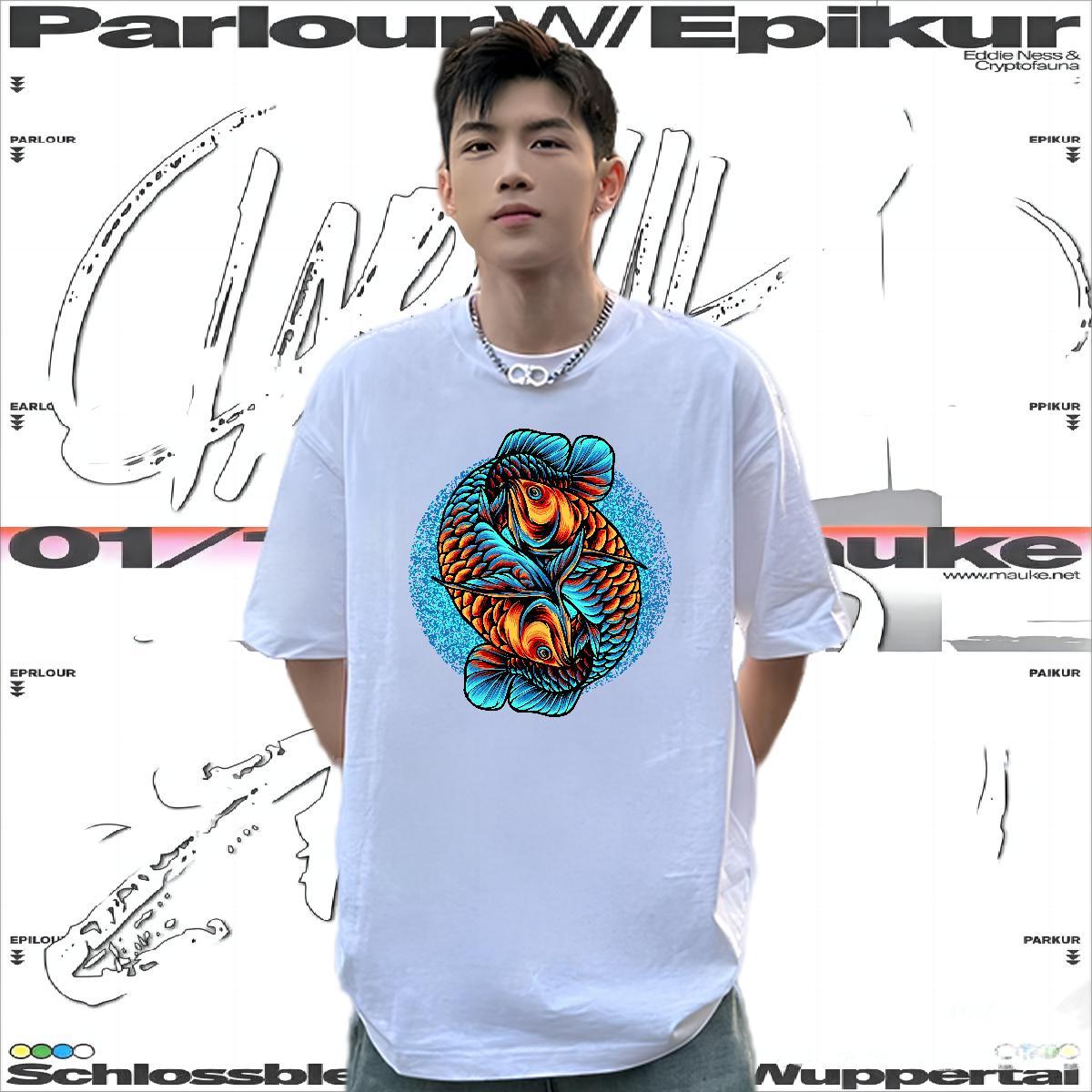 Fashion New Man T Shirts 230g Cotton Gold fish Sports Casual Tops Short Sleeve Soft Free Shipping Mens Tshirts Custom Printing