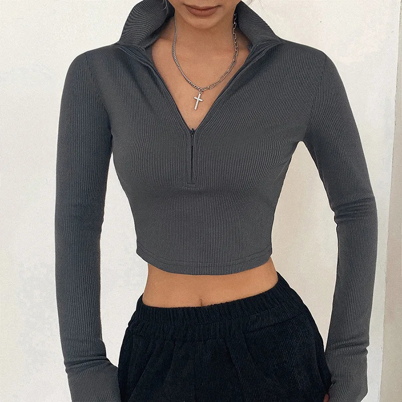 solid color casual T-shirt women long sleeves turtleneck crop tops sexy simple style party club spring summer 240806