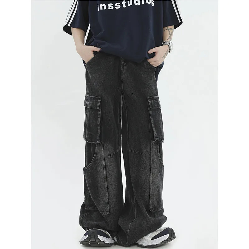 Womens Black Gothic Cargo Jeans Vintage Korean 90s Aesthetic Y2k Denim Trousers Harajuku High Waist Cowboy Pants 2000s Clothes 240806