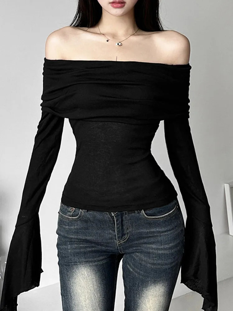 Y2k Aesthetic Simple Fashion Womens Tee Shirts Slash Neck Long Sleeve Solid Casual T-Shirts Vintage Off Shoulder Trendy Tshirts 240806