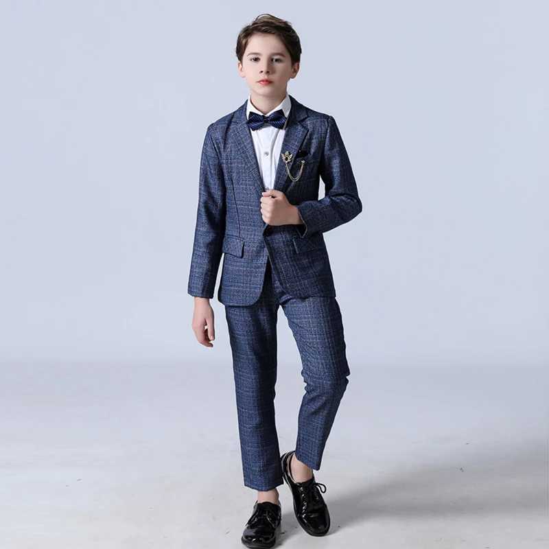 Suits Autumn Childrens Formal Plaid British Suit Set Boys Wedding Party Birthday Host Costume Kids Blazer Pants 2pcs Clothes