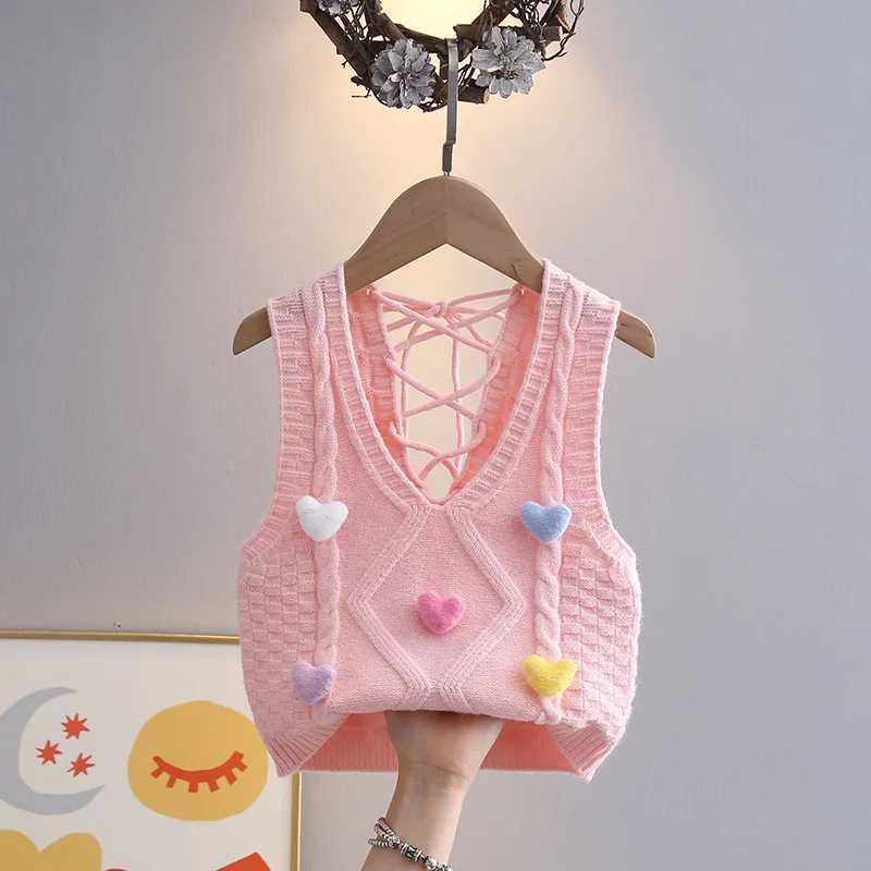 Knitted vest childrens clothing spring/summer Korean version girl Camisol cute love hair clip loose cotton fashionable sweater HY07011W240724