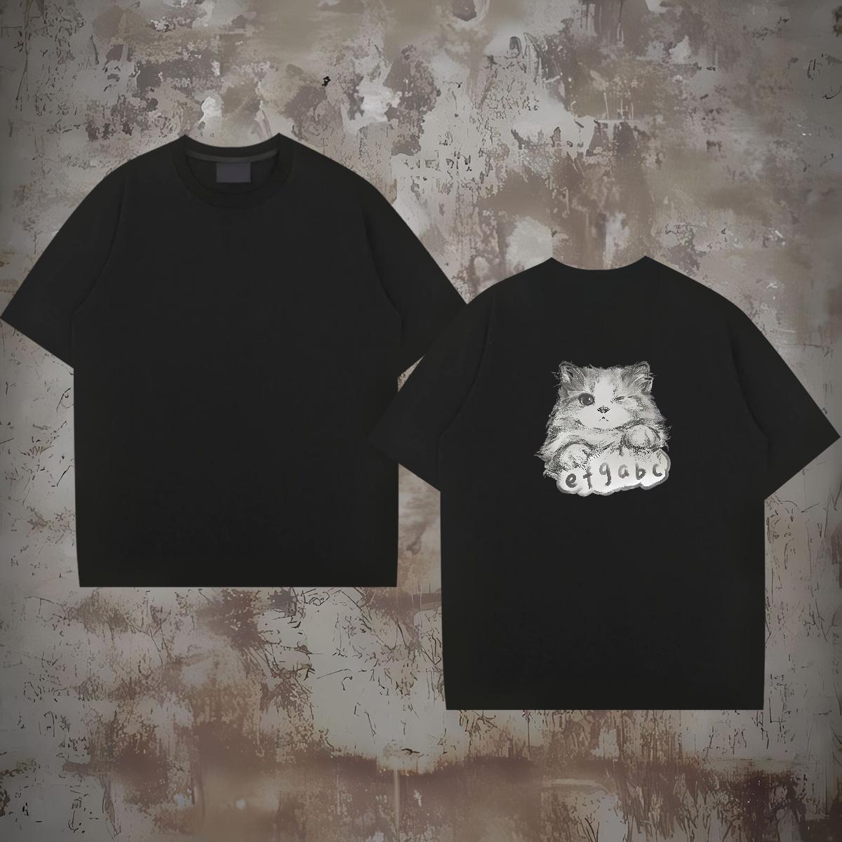 2024 T-Shirts for Men 230g Pure Cotton cat Street Casual Clothes Crew Neck Comfortable Men Tshirts Skull