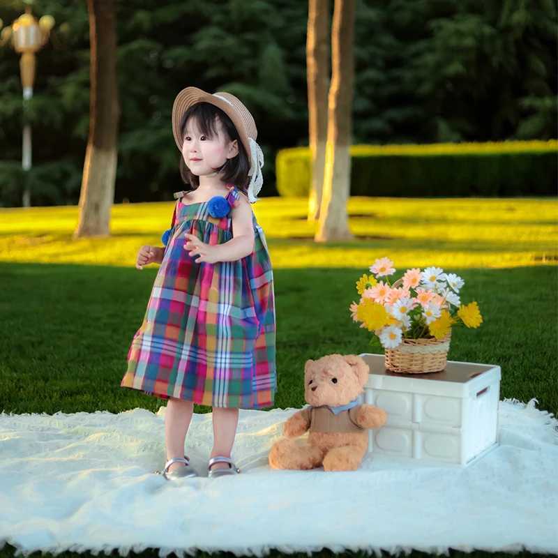 Girls summer clothing girls cotton dress childrens colorful checkered pendant dress childrens sleeveless pendant casual dressW240720