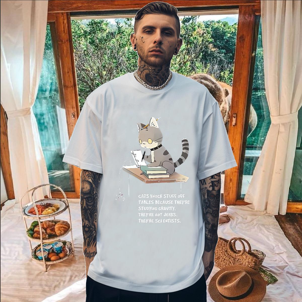 Brand Men T Shirts 230g 100% Cotton cat Daily Outfit Tops Shirt Round Neck Short Sleeve Cool Mens Tshirts Plus Size Custom