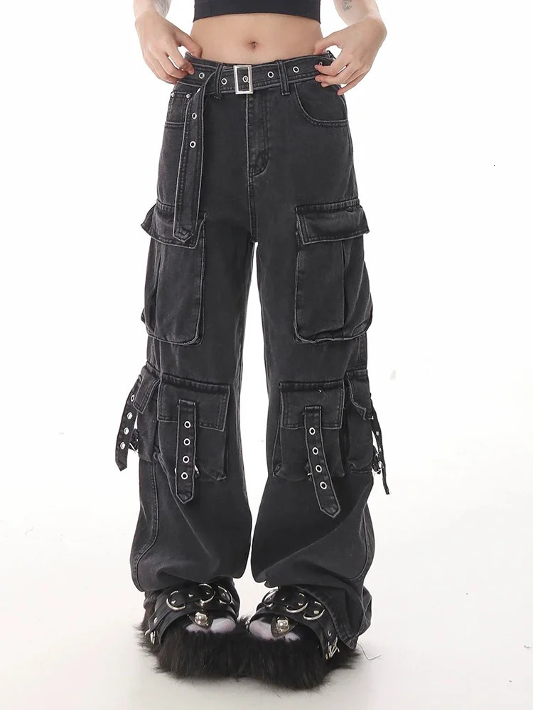 Pure Color Classic High Waist Street Female Wide Leg Pants American Fashion Multiple Pockets Simple Casual Loose Women Jeans 240806