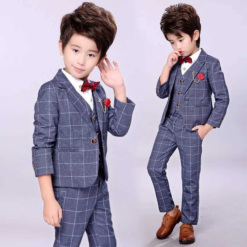 Suits Children Slim And Handsome Costume Jacket Pant Vest Bowtie 3 PCS Flower Boys Wedding Dress Kids Plaid Fashion Show Blazers Suit