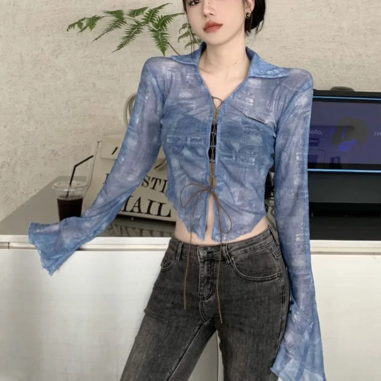 summer slim lace cardigan American retro blue lapel collar top womens Y2k Grunge long sleeved Blusas Mujer 240827