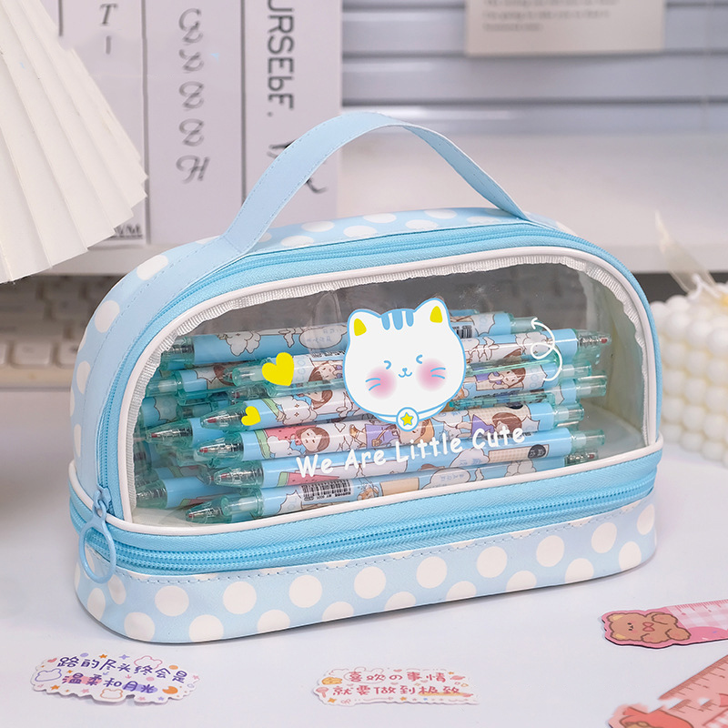 Double layer pencil case, transparent cartoon large capacity pencil case, hand-held student stationery storage bag internet famous cute makeup bag