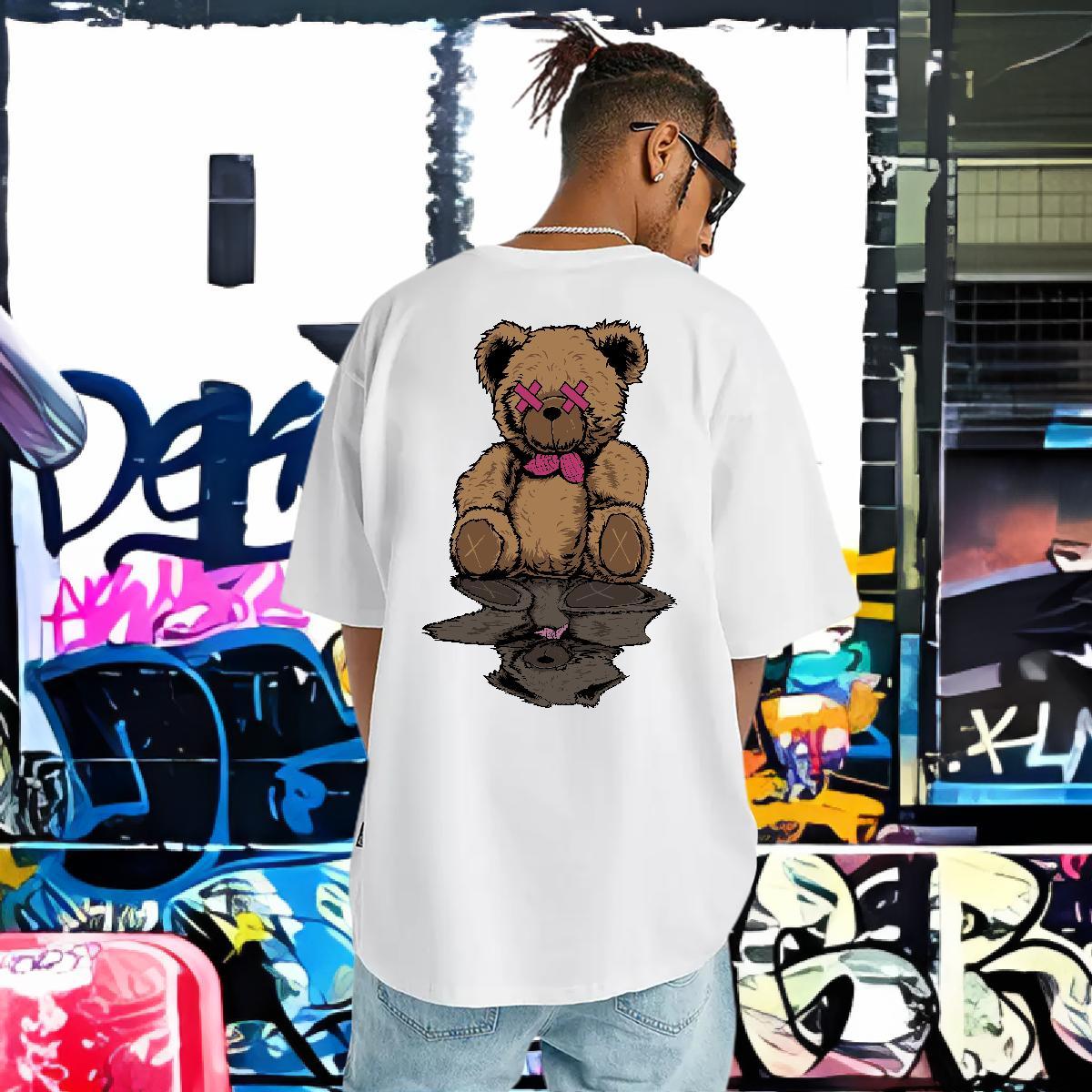 Fashion New T shirt 230g Pure Cotton bear Anime Printing Street Tees Crew Neck Breathable Cool Design Men Tshirts Oversized 4XL