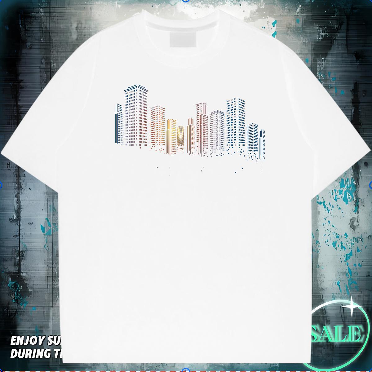 Classic T-Shirts for Men 230g 100% Cotton Tall buildings Sport Top Tees Short Sleeve Soft Loose Men Clothes T-Shirt Customized Print