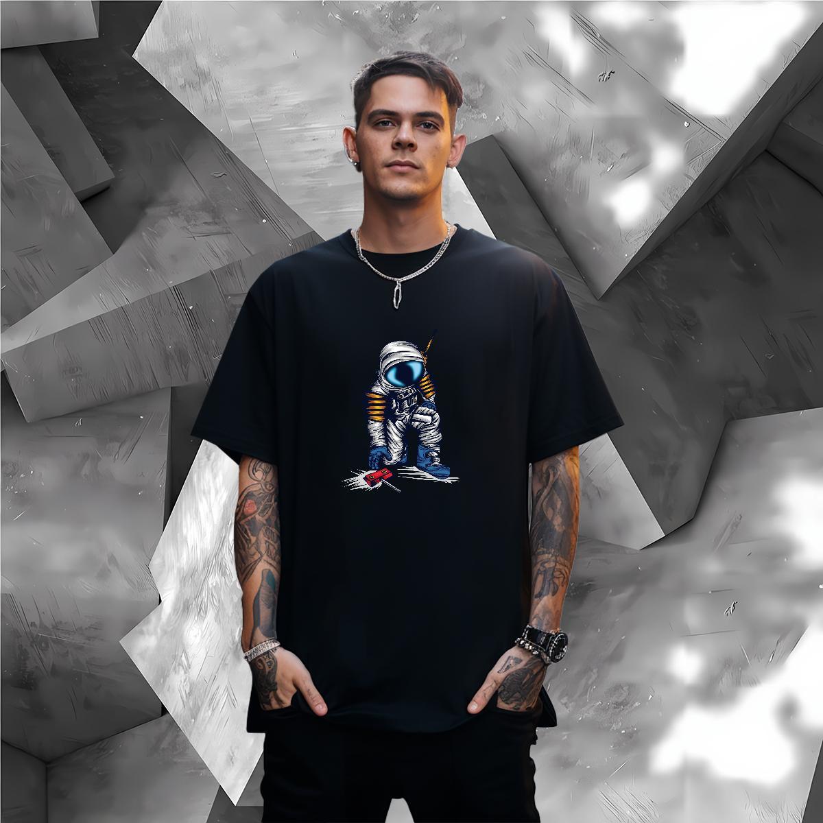 T-Shirts for Men 230g Cotton cosmonaut Street wear Hip Hop Breathable Crew Neck Floral Print Couples T Shirts DIY Customized Free Shipping Tees