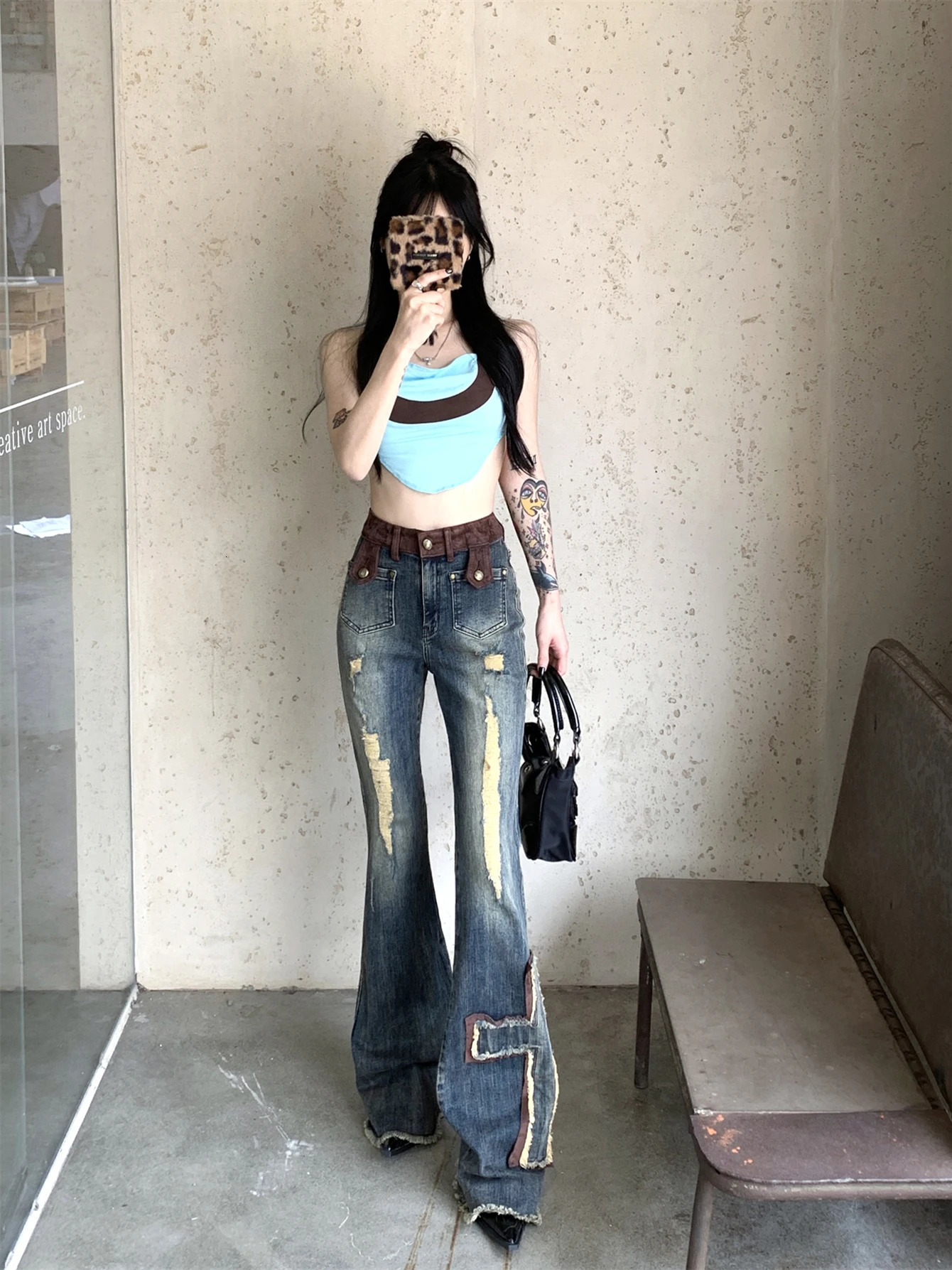 ReddaChic Cross Patchwork Bootcut Pants for Women Destroyed High Rise Slim Trousers Y2k Flare Jeans 90s Retro Korean Streetwear 240806
