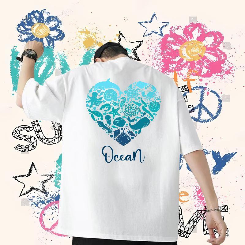 Wholesale Mens T Shirts 100% Cotton 230g fish Beach Tops Shirt Breathable Short Sleeve Free Shipping Mens Tshirts Floral Print